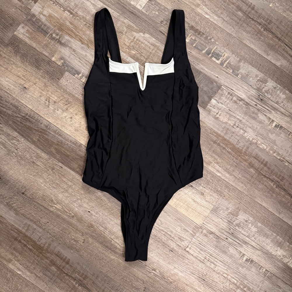 Women Black One Piece Swimsuit White Trim Deep V Neck High Cut, cheeky bottom S